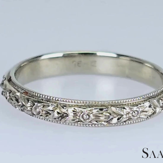 18K (750) White Gold Engraved Ring, Old - Vintage, 3.1 Gram, Size: 6.5