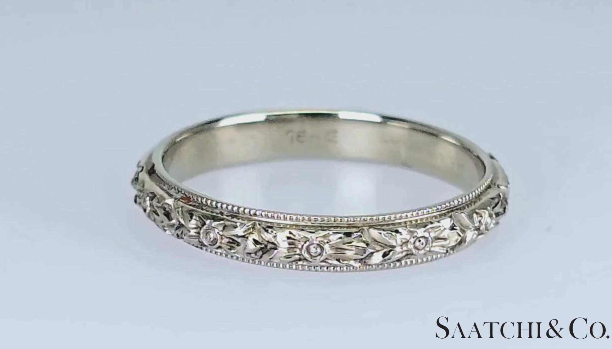 18K (750) White Gold Engraved Ring, Old - Vintage, 3.1 Gram, Size: 6.5
