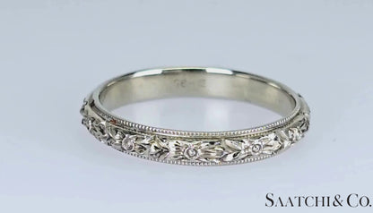 18K (750) White Gold Engraved Ring, Old - Vintage, 3.1 Gram, Size: 6.5