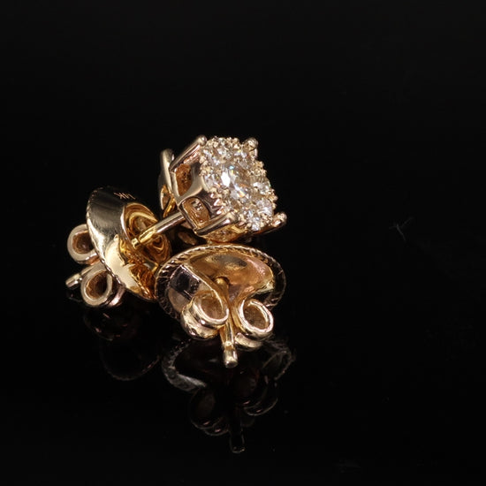14k (585) Yellow Gold Round Cut Natural Diamond Cluster Stud Earrings