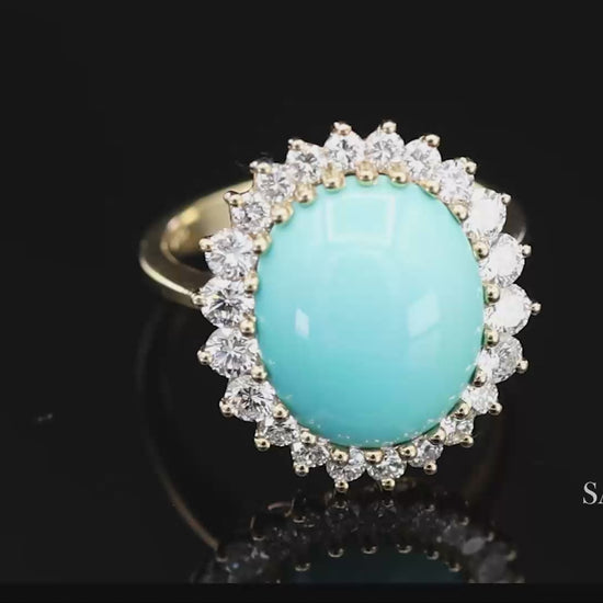 18K Yellow Gold Turquoise  Natural Diamond Halo Ring