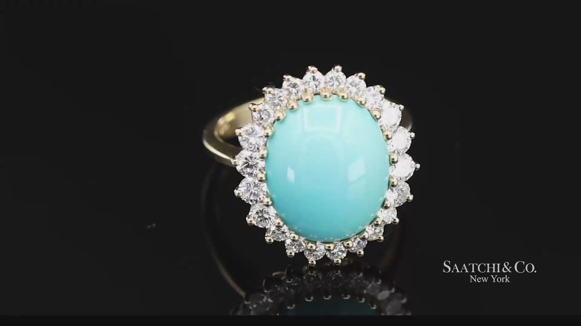 18K Yellow Gold Turquoise  Natural Diamond Halo Ring
