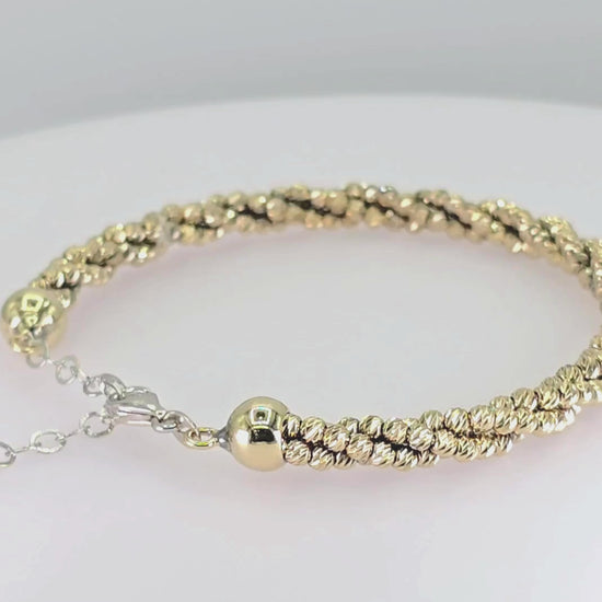 14k (585) White and Yellow Gold Diamond Cut Gold Bangle / Bracelet, Adjustable