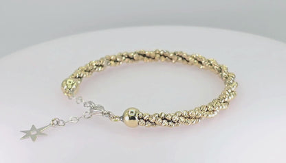 14k (585) White and Yellow Gold Diamond Cut Gold Bangle / Bracelet, Adjustable