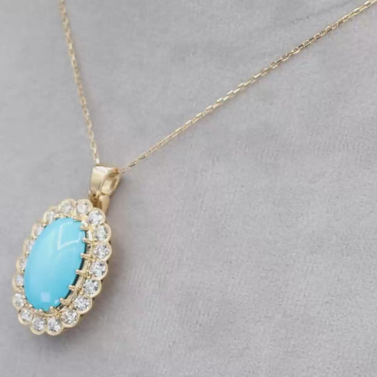 18k Persian Turquoise and Diamond Pendant Womens Yellow Gold Oval Cabochon