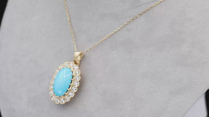 18k Persian Turquoise and Diamond Pendant Womens Yellow Gold Oval Cabochon