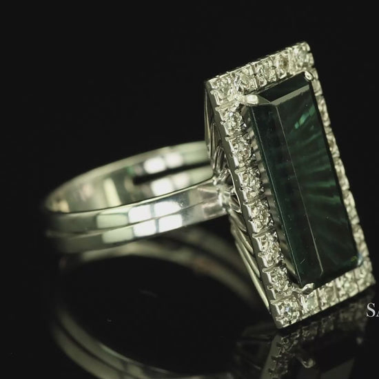 Pt 900 Natural Green Tourmaline and Natural Diamond Ring