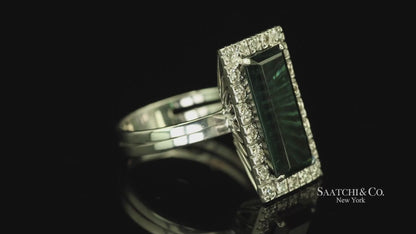 Pt 900 Natural Green Tourmaline and Natural Diamond Ring
