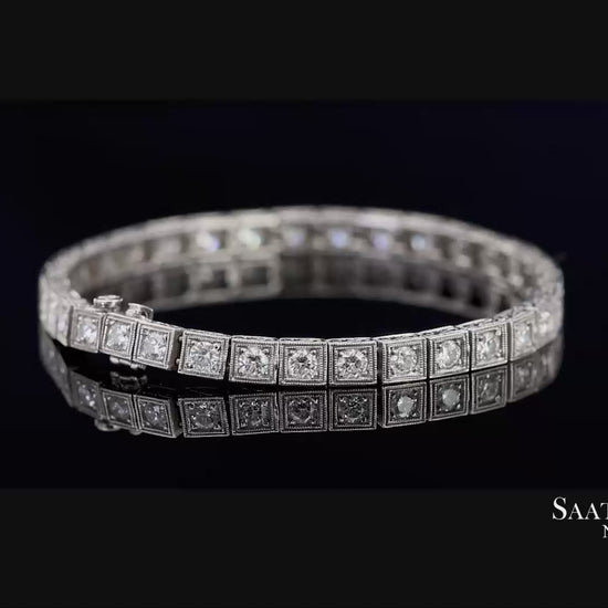 Vintage 18K 750 White Gold Natural Diamond Engraved & Milgrain Tennis Bracelet