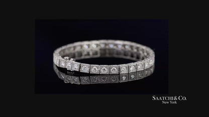 Vintage 18K 750 White Gold Natural Diamond Engraved & Milgrain Tennis Bracelet