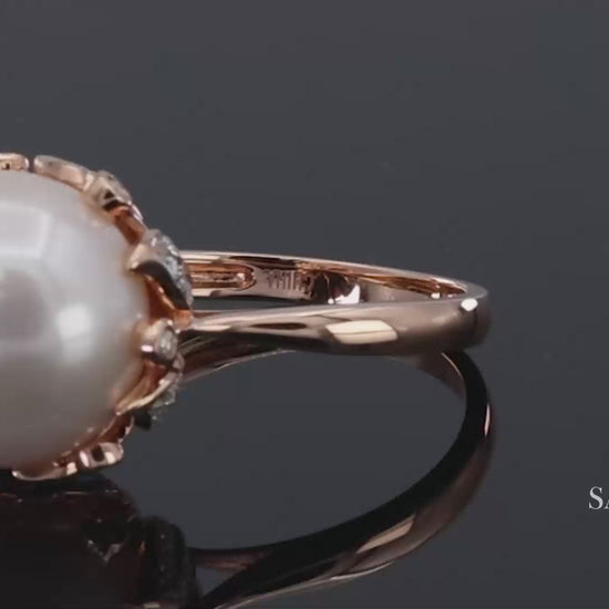 14K (585) Rose Gold Natural Brilliant Diamond and White Pearl Ring