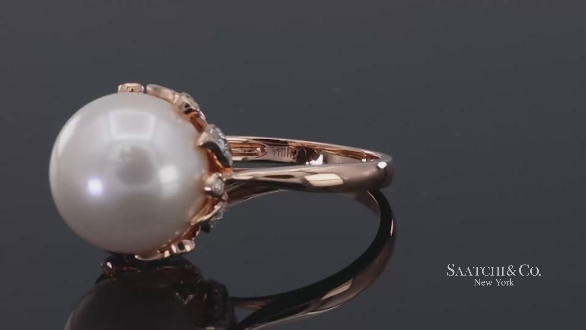 14K (585) Rose Gold Natural Brilliant Diamond and White Pearl Ring