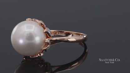 14K (585) Rose Gold Natural Brilliant Diamond and White Pearl Ring