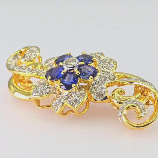 18k (750) Yellow Gold Natural White VVS Diamond & Blue Sapphire Brooch