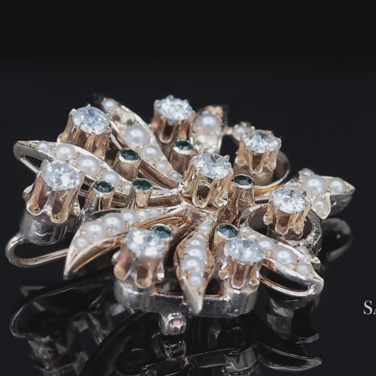 14k (585) Vintage Yellow Gold Natural Diamond and Emerald Brooch / Pendant