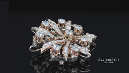 14k (585) Vintage Yellow Gold Natural Diamond and Emerald Brooch / Pendant