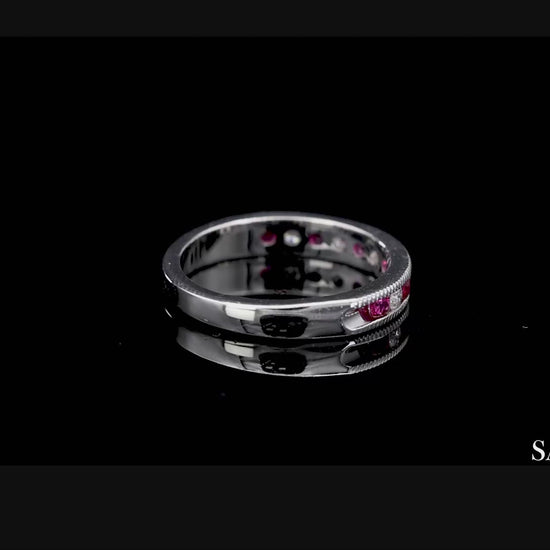 14K (585) Solid White Gold Natural Diamond and Ruby Half Band Ring