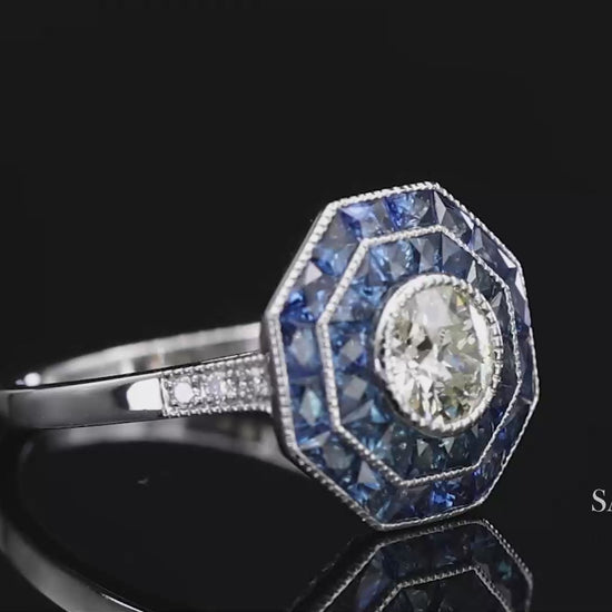 Platinum 950 Natural Diamond and Natural Sapphire Milgrain Ring