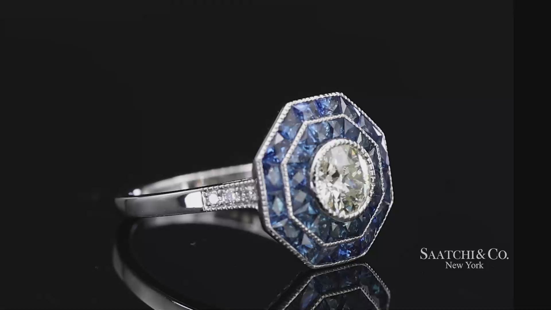 Platinum 950 Natural Diamond and Natural Sapphire Milgrain Ring