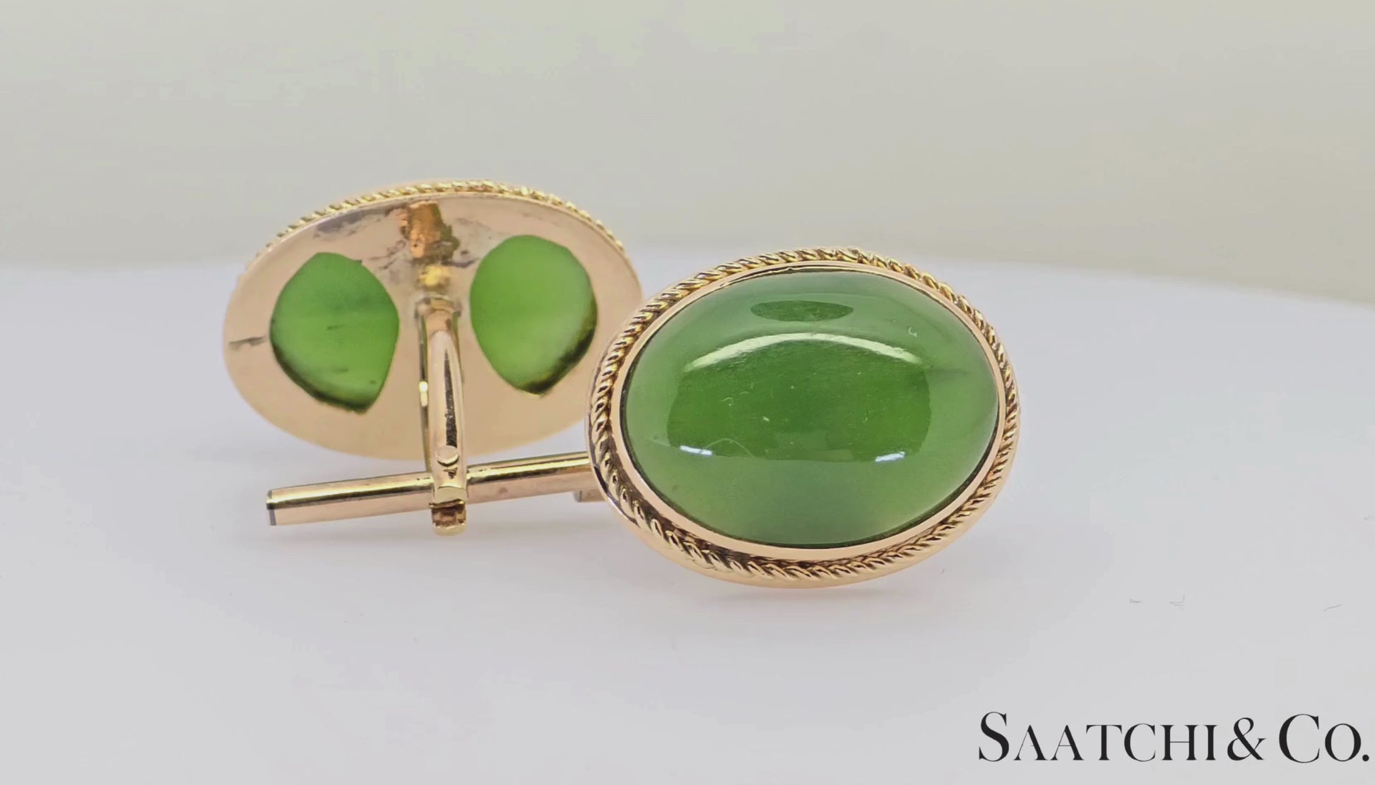 12K Yellow Gold - Natural Green Jade Cabochon Cut: cufflinks