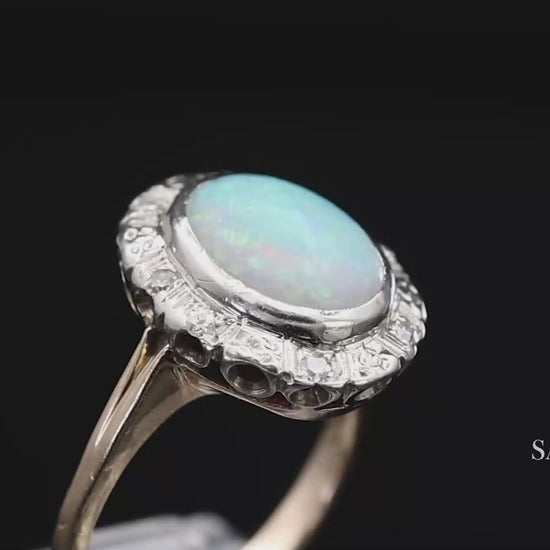 13K White and Yellow Gold Vintage Natural Diamond and Natural Opal Ring