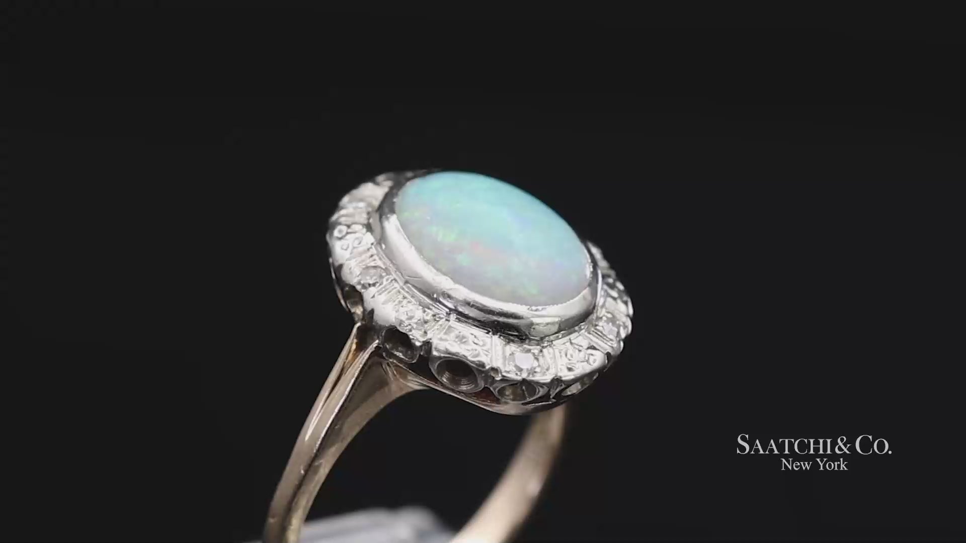 13K White and Yellow Gold Vintage Natural Diamond and Natural Opal Ring