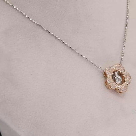 18K 750 Two Tone Rose and White Gold Natural Diamond Flower Pendant with Chain