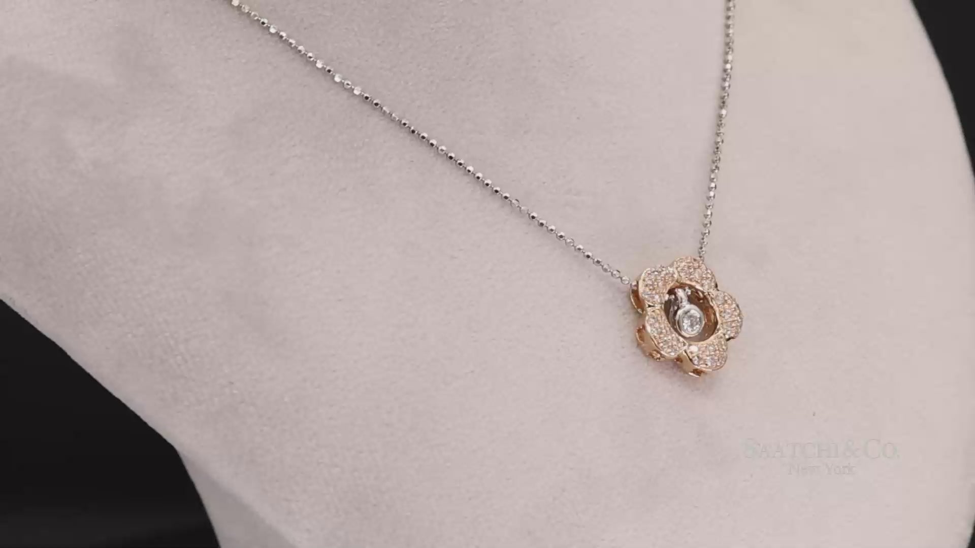 18K 750 Two Tone Rose and White Gold Natural Diamond Flower Pendant with Chain