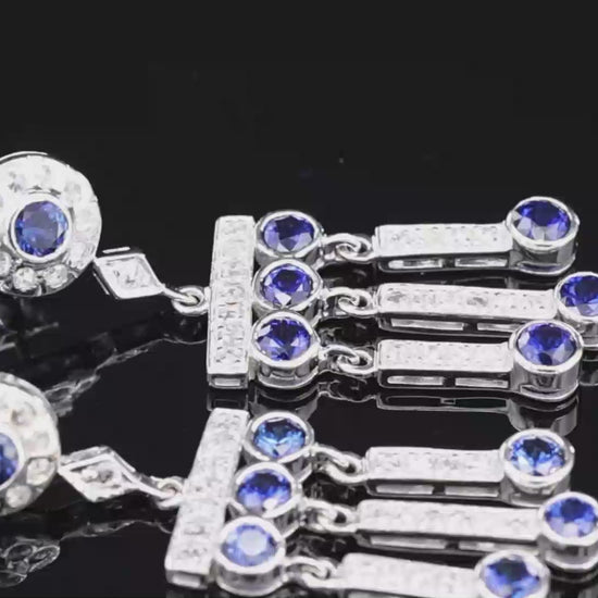 14K(585) Vintage White Gold Natural Diamond and Sapphire Earrings