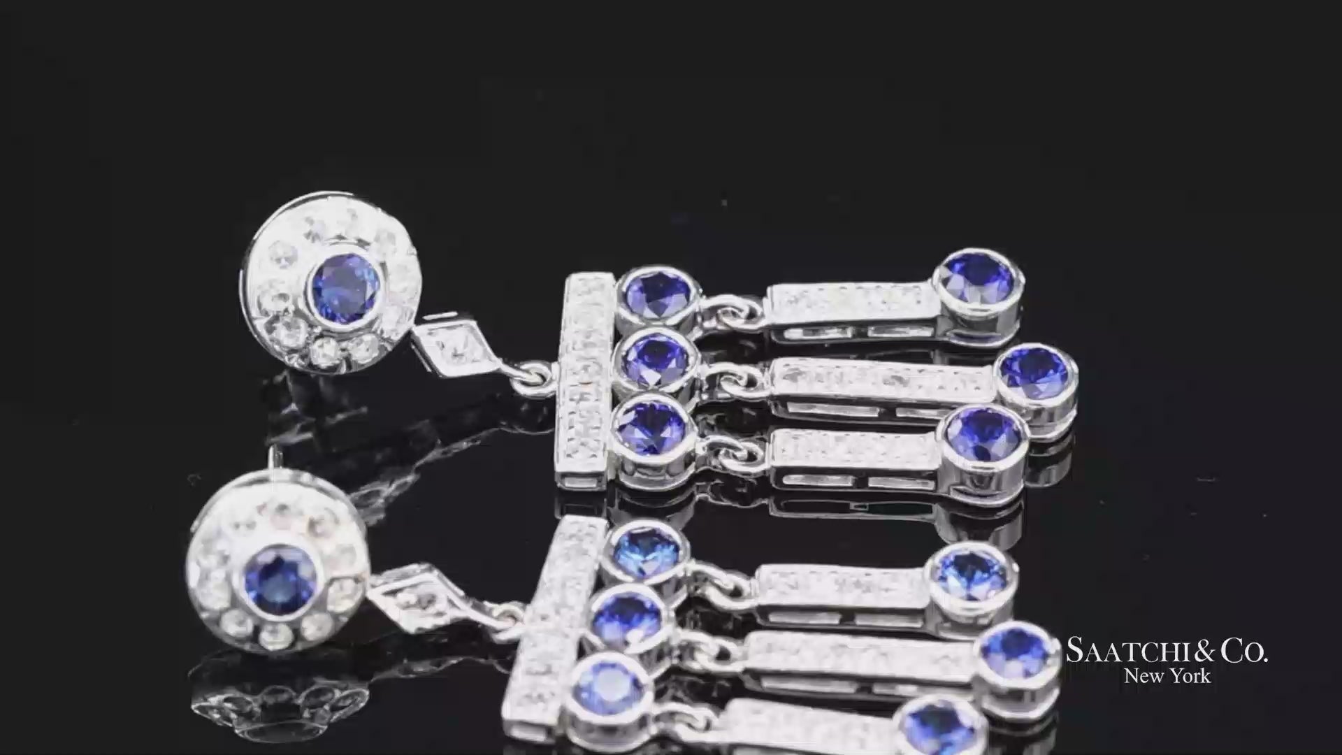 14K(585) Vintage White Gold Natural Diamond and Sapphire Earrings