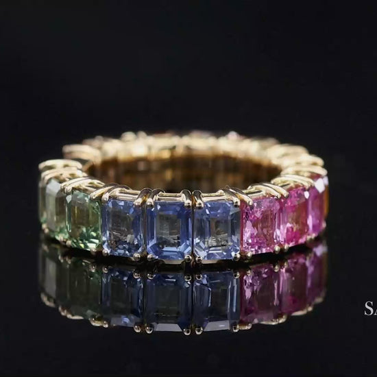 18K(750) Yellow Gold Zydo Italian Rainbow Natural Sapphire Eternity Stretch Ring