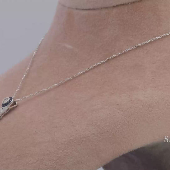 18K White Gold Natural Diamond and Pie Cut Sapphire Pendant with 14K Gold Chain