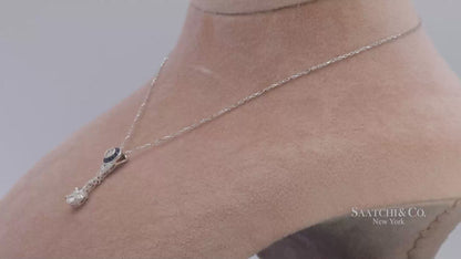 18K White Gold Natural Diamond and Pie Cut Sapphire Pendant with 14K Gold Chain