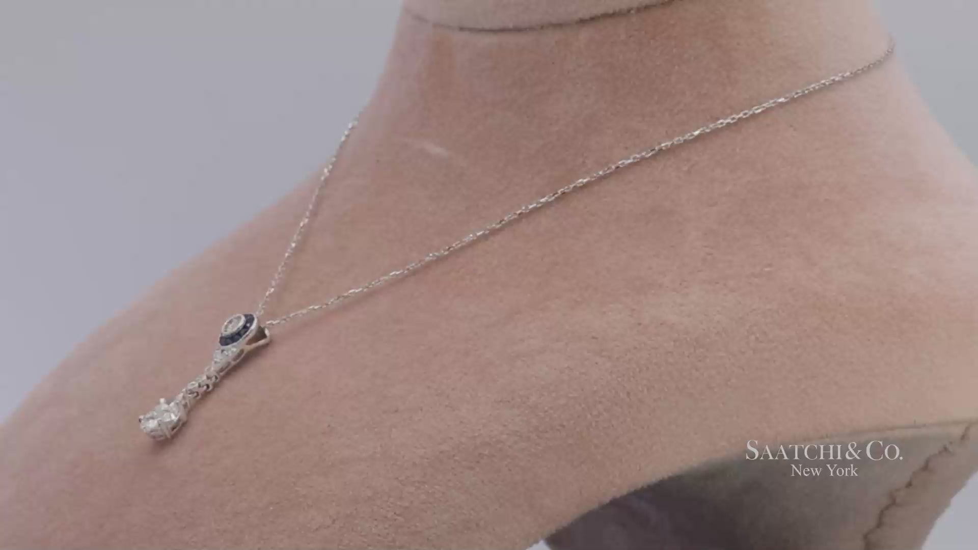 18K White Gold Natural Diamond and Pie Cut Sapphire Pendant with 14K Gold Chain