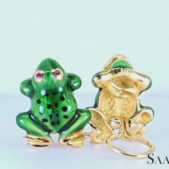 18K (750) Yellow Gold - Enamel & Natural Ruby, Round Brilliant Cut: Frog Earring