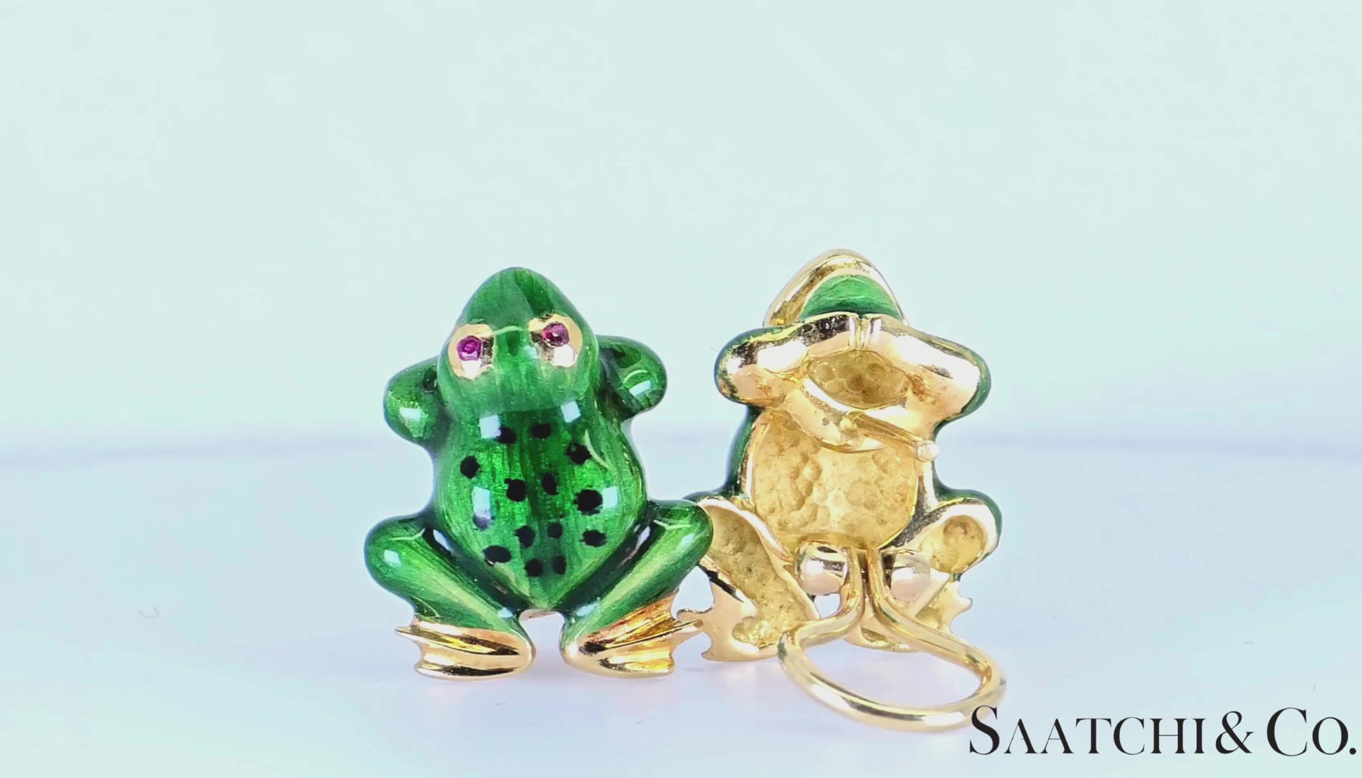 18K (750) Yellow Gold - Enamel & Natural Ruby, Round Brilliant Cut: Frog Earring