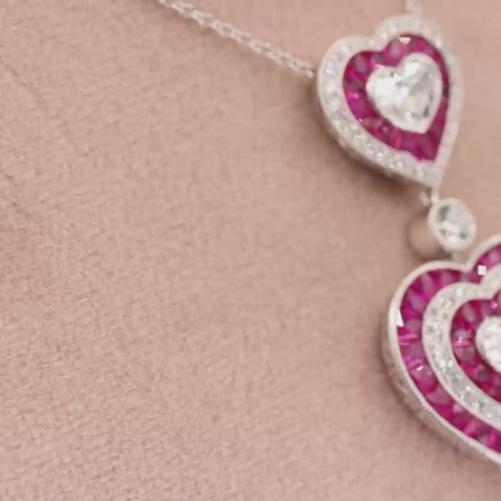 GIA Platinum 950 Double Heart Natural Burma Ruby Milgrain Pendant Necklace