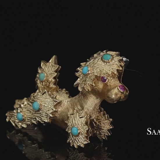 18k (750) Yellow Gold Natural Turquoise Poodle Brooch Pin