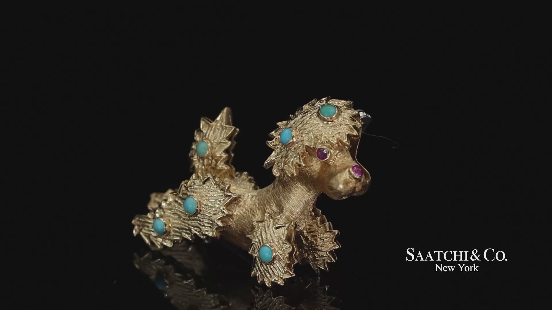 18k (750) Yellow Gold Natural Turquoise Poodle Brooch Pin
