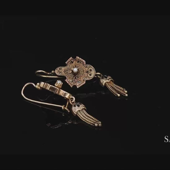 14K Yellow Gold Pearl Enamel Dangling Earring