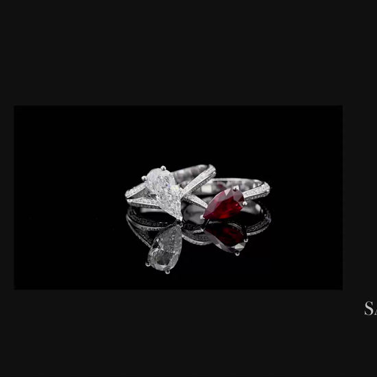 18K(750) Solid White Gold Natural Diamond and Ruby Toi et Moi Ring