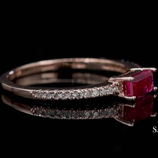 14K 585 Solid Rose Gold Pink Baguette Cut Stone and Natural Diamond Ring