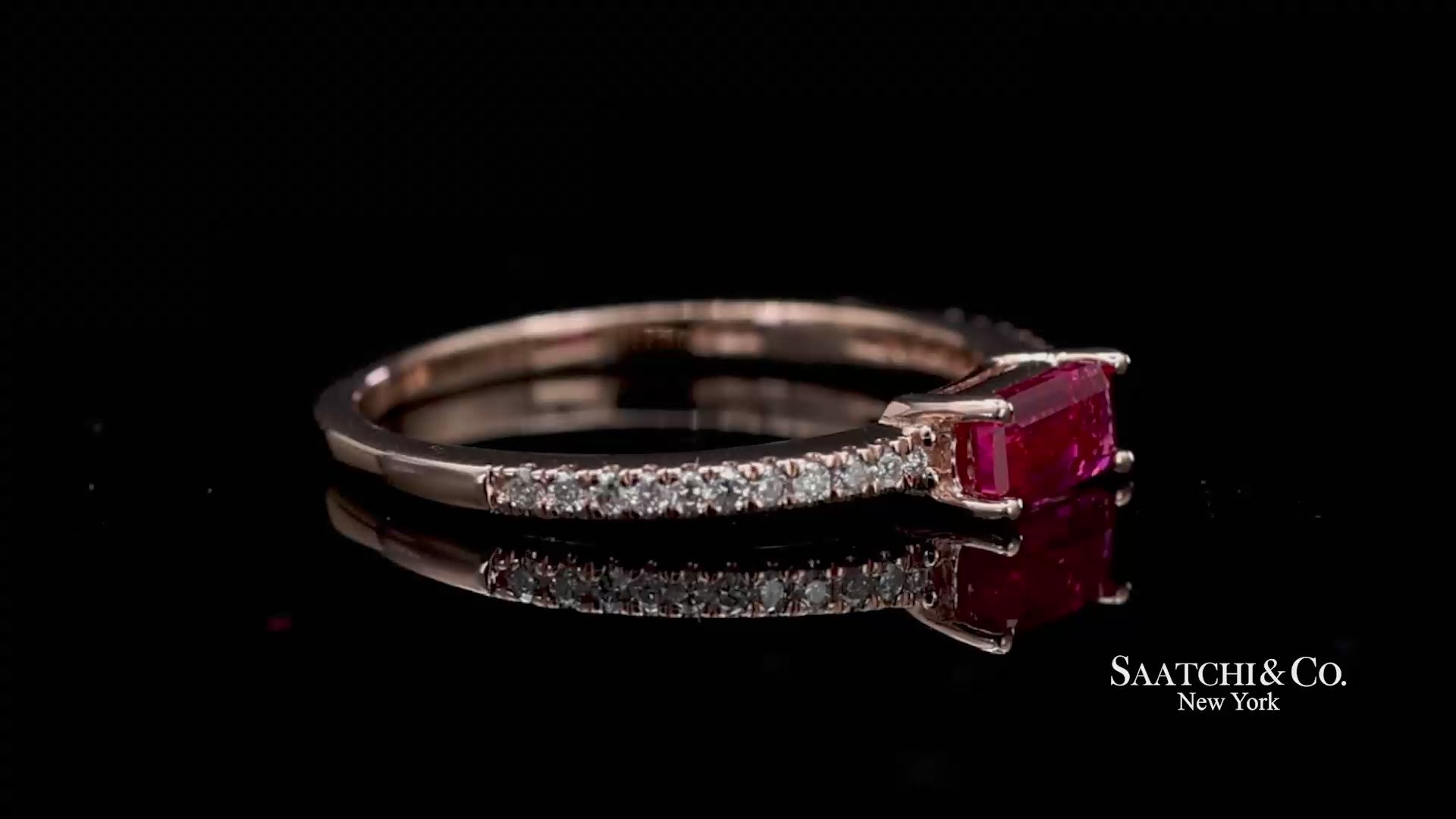 14K 585 Solid Rose Gold Pink Baguette Cut Stone and Natural Diamond Ring