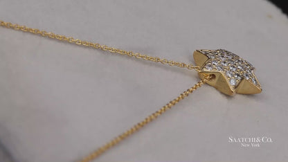 18K(750) Yellow Gold Natural Diamond Star Shape Pendant Necklace with Chain
