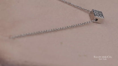 18K(750) White Gold Natural Diamond Square Box Shape Pendant Necklace with Chain