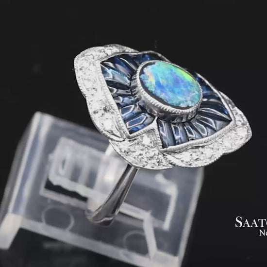 18K(750) Solid White Gold Natural Diamond Sapphire and Opal Ring