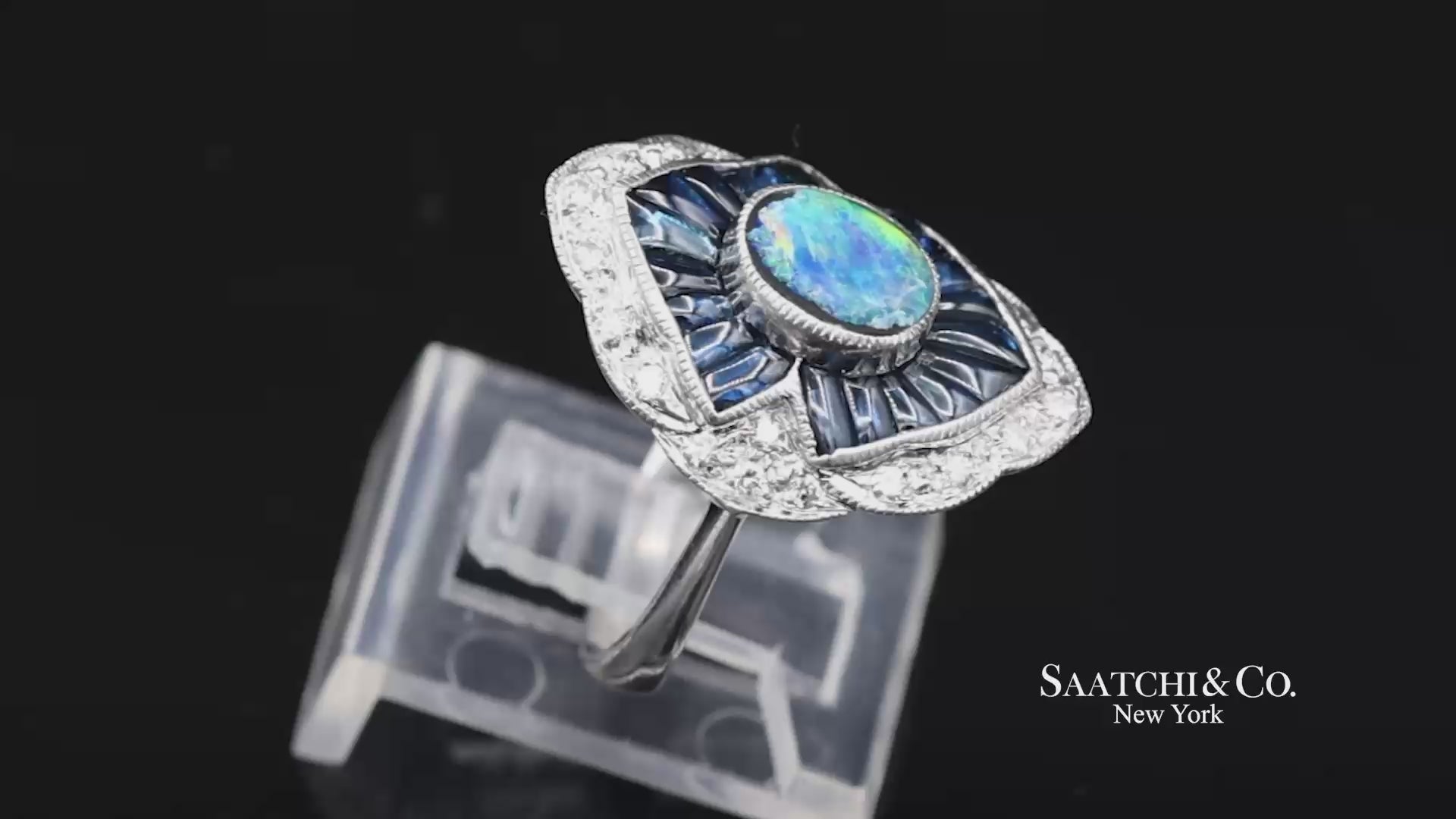 18K(750) Solid White Gold Natural Diamond Sapphire and Opal Ring