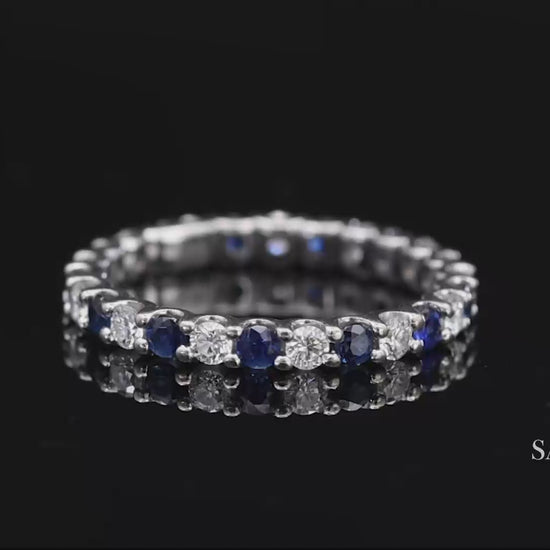 14K White Gold Natural Brilliant Diamond and Sapphire Band Ring
