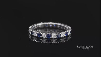 14K White Gold Natural Brilliant Diamond and Sapphire Band Ring