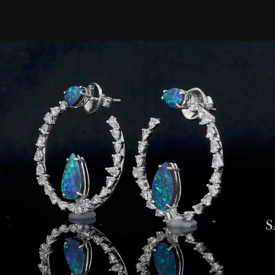 18K (750) White Gold Natural Diamond and Natural Opal Earring